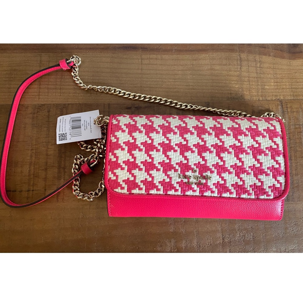 Kate Spade Darcy Gold Chain Crossbody Houndstooth Pink White Leather Bag NWT 🩷